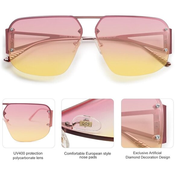 Trendy Aviator Sunglasses Mens Womens Retro Metal Rimless Pink Frame Shades - Picture 4 of 6